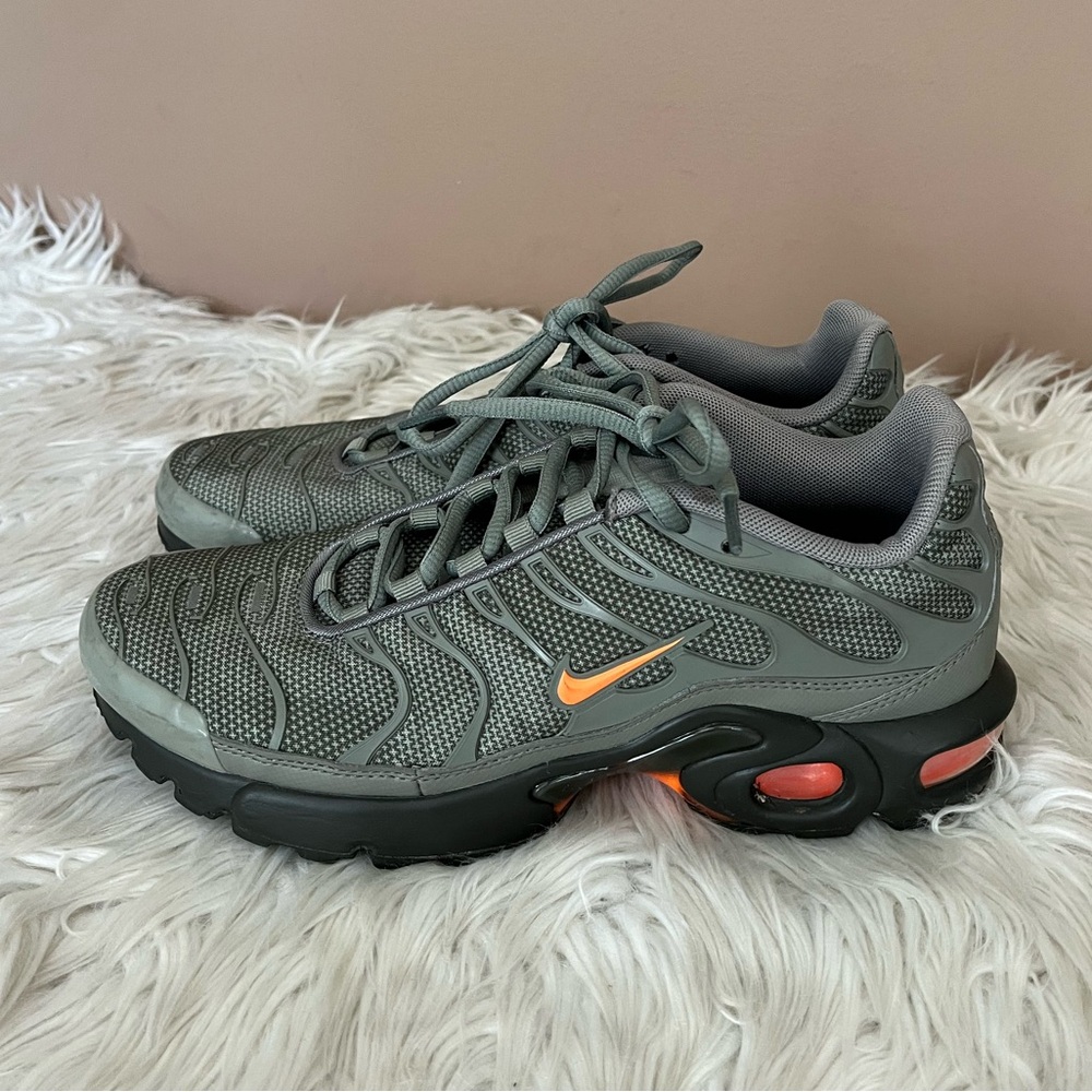{Nike} Air Max Plus TN Athletic Sneaker Shoes in Dark Stucco / Total Orange